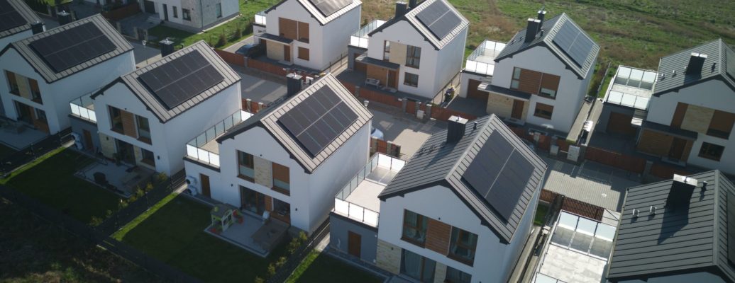 Aerial,Spring,View,Of,Warm,Sunny,Neighbourhood,Community,Houses,With